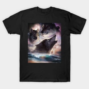 3 Wolf Beach, Three Wolves Howling At Moon In Space T-Shirt